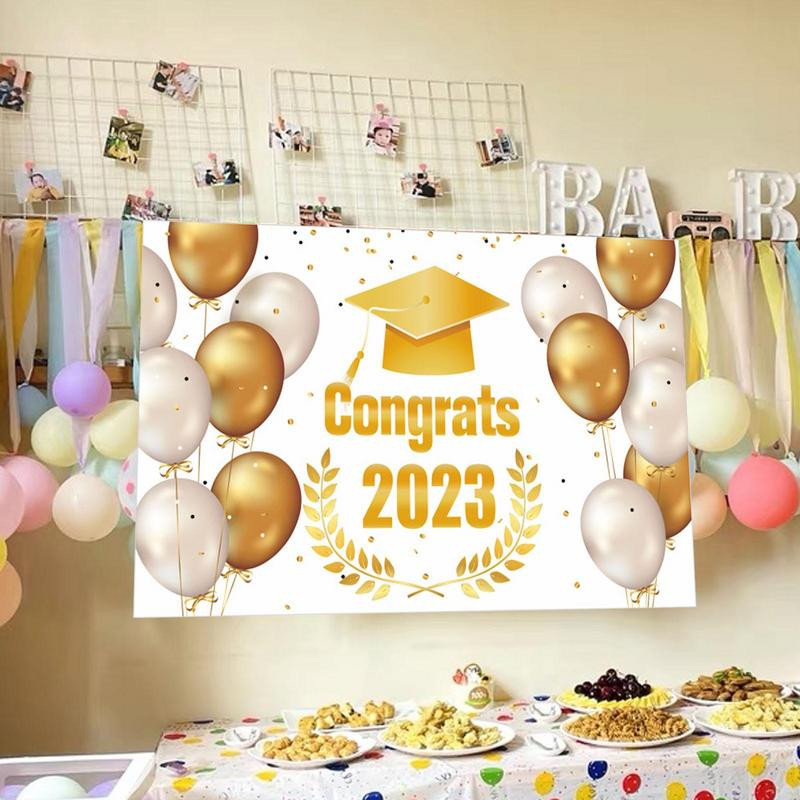 Apsveicam absolventu reklāmkarogs Ilgnoturīgs poliestera absolventu fons Salokāms absolventu fotografēšanas fons ballītei
