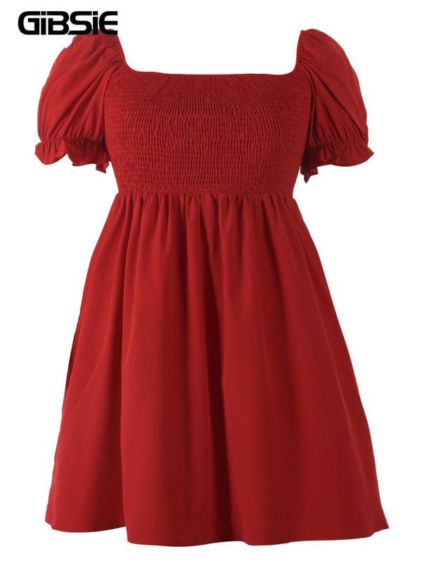 GIBSIE Rochie cu mâneci bufante, cu gât pătrat, mărime mare, femei, 2023, vară, talie înaltă, dulce ocazional, de vacanță, rochii scurte în linie A
