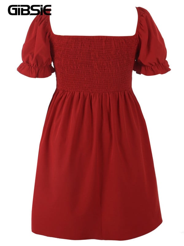 GIBSIE Rochie cu mâneci bufante, cu gât pătrat, mărime mare, femei, 2023, vară, talie înaltă, dulce ocazional, de vacanță, rochii scurte în linie A