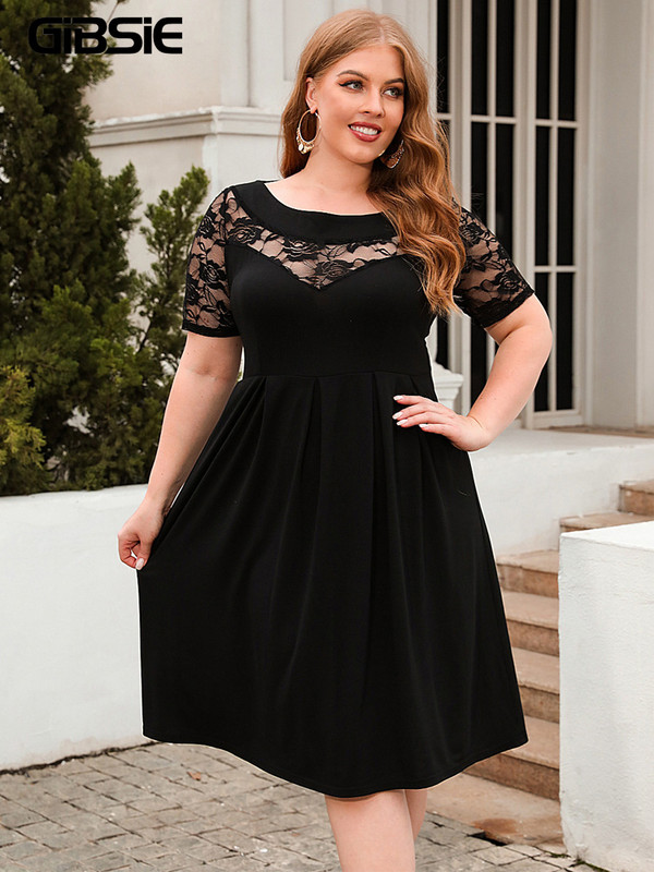 GIBSIE lielizmēra O veida kakla kontrasta mežģīņu kleita ar sietu piedurknēm sievietēm 2023. gada jaunā vasaras biroja sieviešu kleitas ar augstu vidukli.