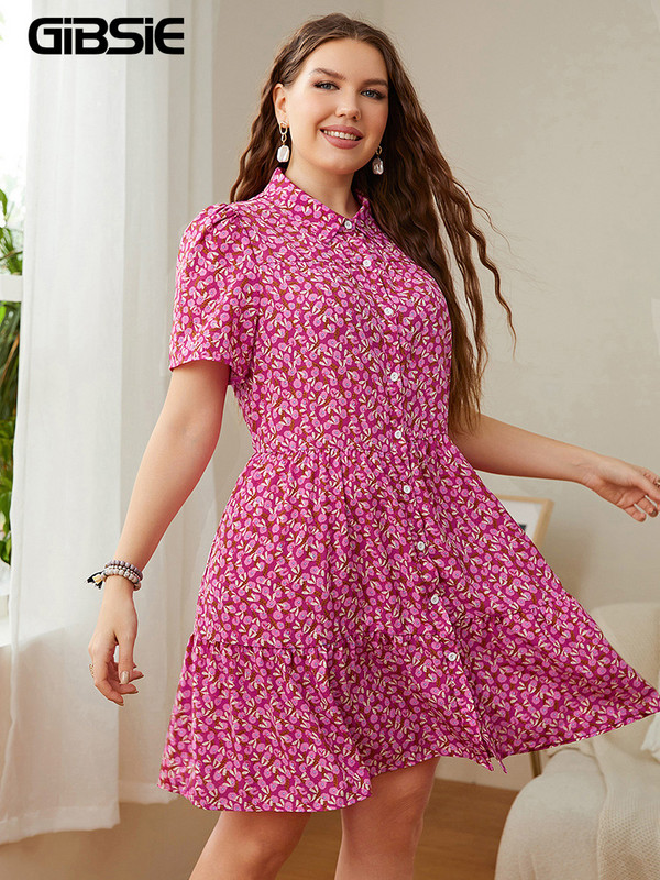 GIBSIE lielizmēra ziedu apdruka kreklkleita ar pufām piedurknēm Sieviešu vienrindas, salda ikdienišķa volānveida vasaras minikleitas 2022.