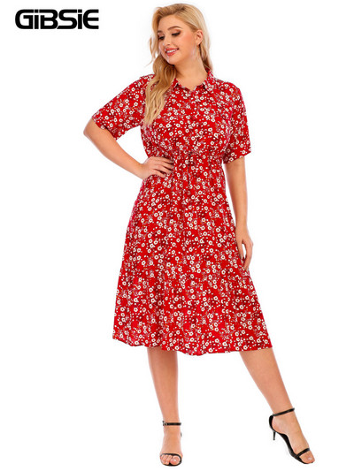 GIBSIE lielizmēra puspogas kreklkleita ar ziedu apdruku 2022. gads. Jaunas sieviešu vasaras īsās piedurknes, savilkšanas aukliņas jostasvietā, elegantas vidēja izmēra kleitas