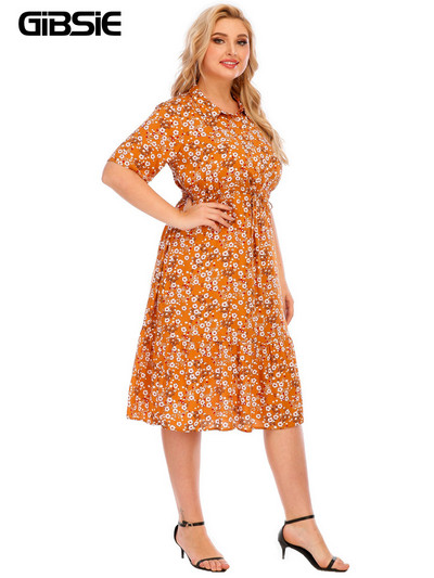 GIBSIE lielizmēra puspogas kreklkleita ar ziedu apdruku 2022. gads. Jaunas sieviešu vasaras īsās piedurknes, savilkšanas aukliņas jostasvietā, elegantas vidēja izmēra kleitas