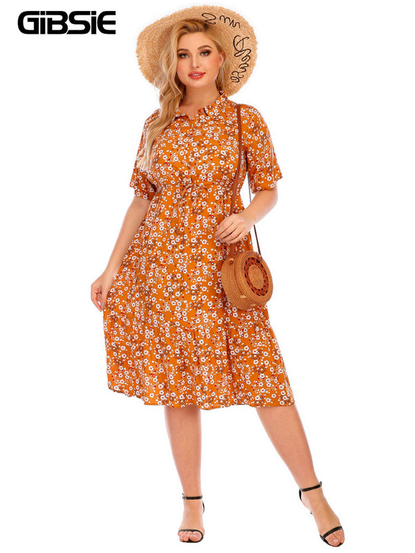 GIBSIE lielizmēra puspogas kreklkleita ar ziedu apdruku 2022. gads. Jaunas sieviešu vasaras īsās piedurknes, savilkšanas aukliņas jostasvietā, elegantas vidēja izmēra kleitas