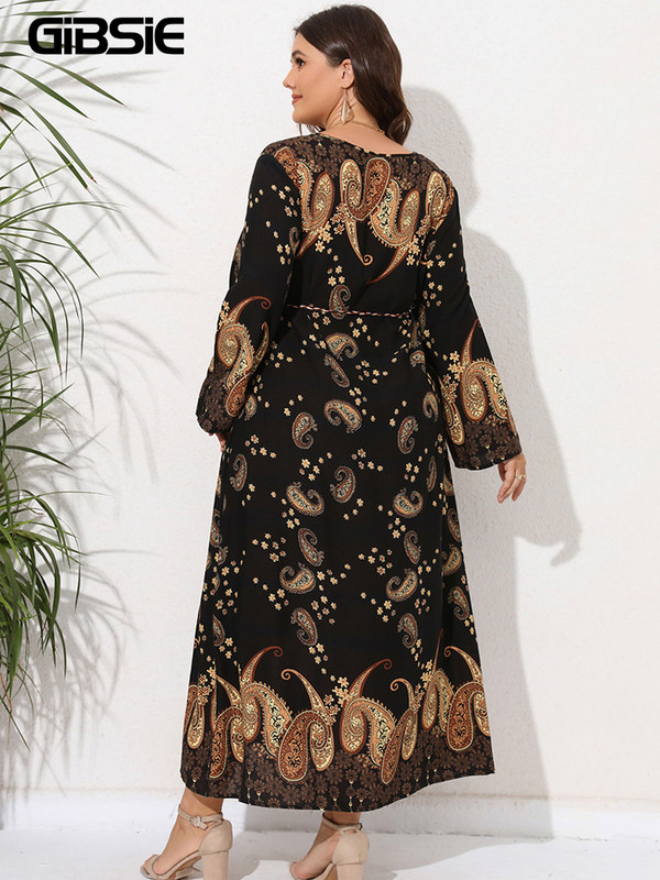 GIBSIE Plus Size Paisley μακρυμάνικο φόρεμα Abaya με ζώνη Άνοιξη Φθινοπωρινό Γυναικεία Casual Μουσουλμανικά μάξι τουνίκ με λαιμόκοψη 2022