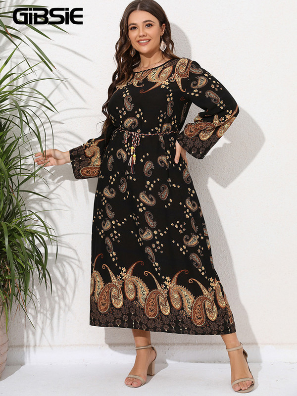 GIBSIE Plus Size Paisley μακρυμάνικο φόρεμα Abaya με ζώνη Άνοιξη Φθινοπωρινό Γυναικεία Casual Μουσουλμανικά μάξι τουνίκ με λαιμόκοψη 2022