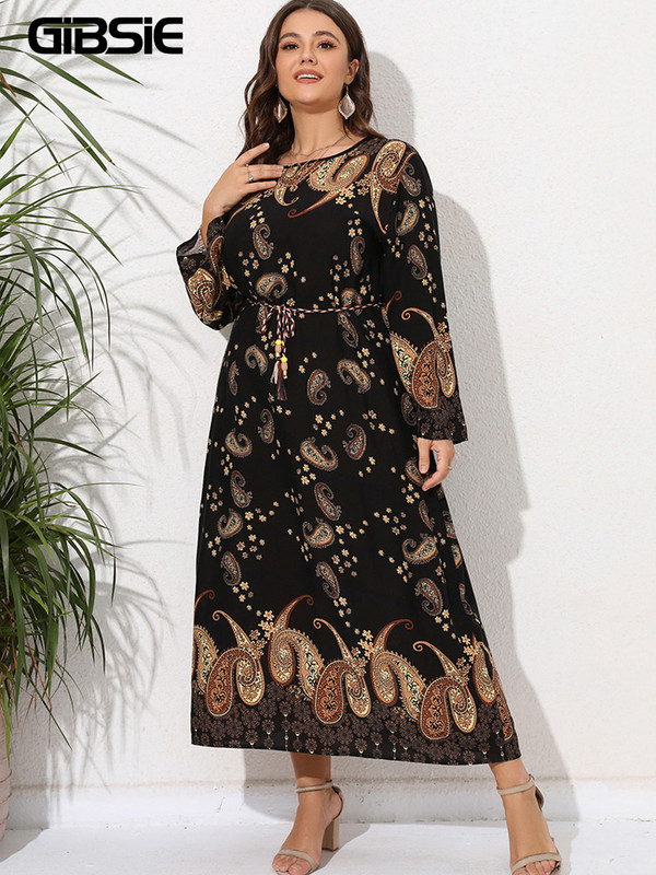 GIBSIE Plus Size Paisley μακρυμάνικο φόρεμα Abaya με ζώνη Άνοιξη Φθινοπωρινό Γυναικεία Casual Μουσουλμανικά μάξι τουνίκ με λαιμόκοψη 2022