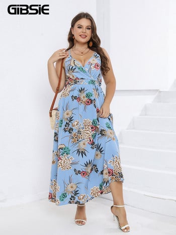 GIBSIE Плюс размер Surplice Neck Floral Print Cami рокля без гръб Дамски бохо плажни ваканционни разделени дълги макси рокли 2023 лято