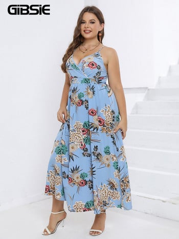 GIBSIE Плюс размер Surplice Neck Floral Print Cami рокля без гръб Дамски бохо плажни ваканционни разделени дълги макси рокли 2023 лято