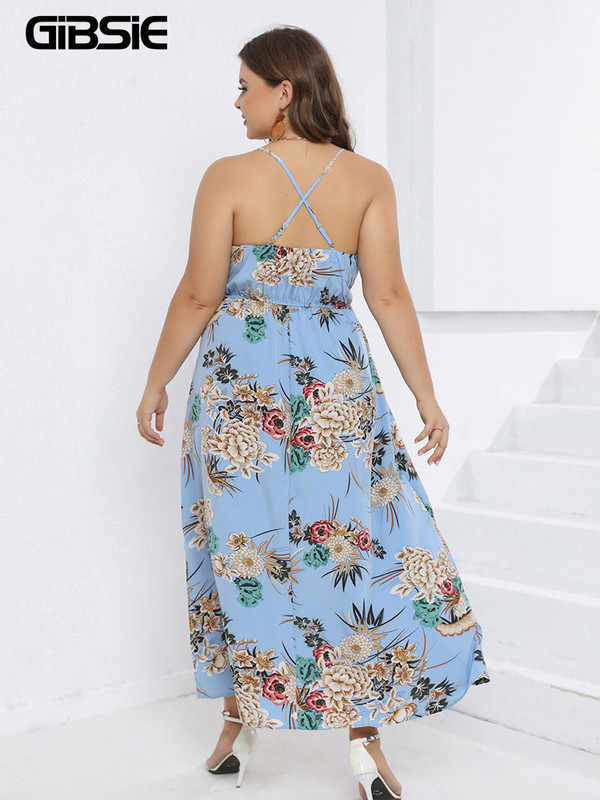 GIBSIE nagyméretű, felső nyakú virágmintás hát nélküli Cami ruha női Boho Beach Vacation hasított hosszú maxi ruhák 2023 nyár