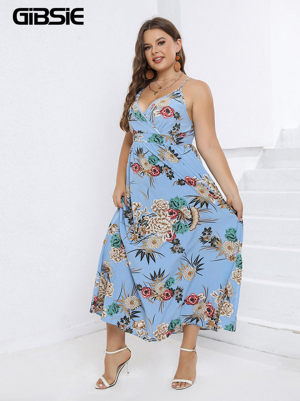 GIBSIE nagyméretű, felső nyakú virágmintás hát nélküli Cami ruha női Boho Beach Vacation hasított hosszú maxi ruhák 2023 nyár