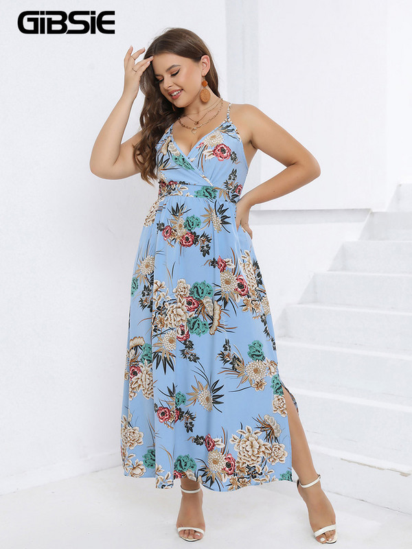 GIBSIE nagyméretű, felső nyakú virágmintás hát nélküli Cami ruha női Boho Beach Vacation hasított hosszú maxi ruhák 2023 nyár