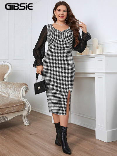 GIBSIE lielizmēra Houndstooth Print Dot sieta piedurkņu kleita sievietēm pavasaris vasara eleganta biroja sieviešu Bodycon garas kleitas