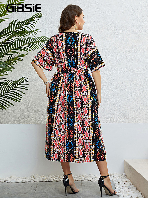 GIBSIE etnikai mintás V nyakú, öves női ruha, nagy méretű nyári vakáció tengerparti alkalmi, magas derekú, A-vonalú boho hosszú ruhák 2023-hoz