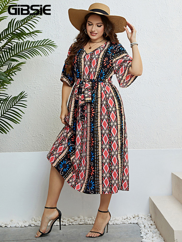 GIBSIE etnikai mintás V nyakú, öves női ruha, nagy méretű nyári vakáció tengerparti alkalmi, magas derekú, A-vonalú boho hosszú ruhák 2023-hoz