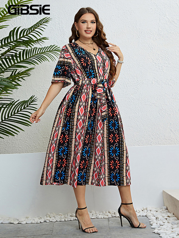 GIBSIE etnikai mintás V nyakú, öves női ruha, nagy méretű nyári vakáció tengerparti alkalmi, magas derekú, A-vonalú boho hosszú ruhák 2023-hoz