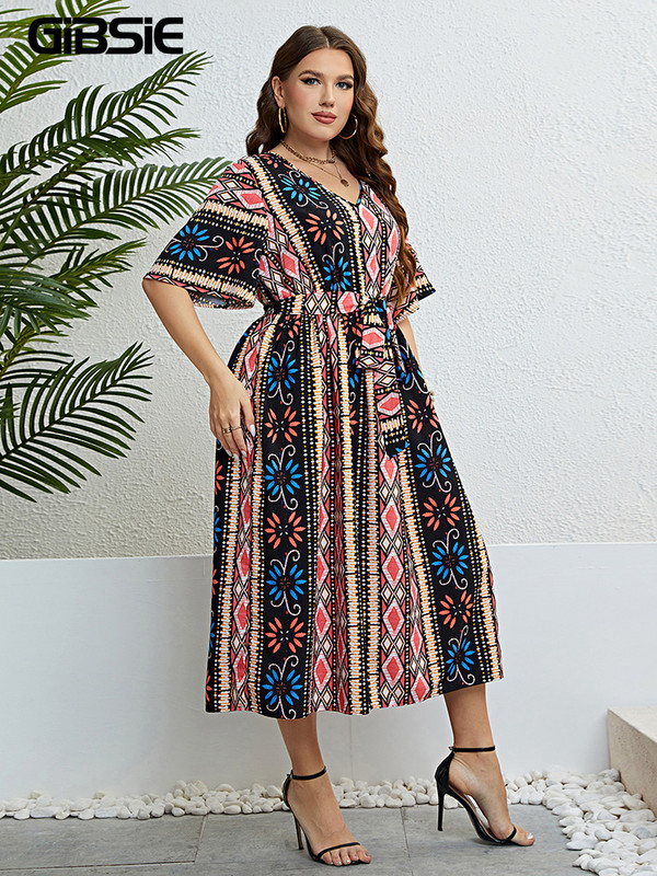 GIBSIE etnikai mintás V nyakú, öves női ruha, nagy méretű nyári vakáció tengerparti alkalmi, magas derekú, A-vonalú boho hosszú ruhák 2023-hoz