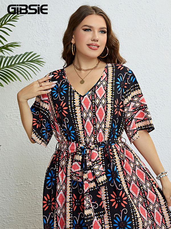 GIBSIE etnikai mintás V nyakú, öves női ruha, nagy méretű nyári vakáció tengerparti alkalmi, magas derekú, A-vonalú boho hosszú ruhák 2023-hoz