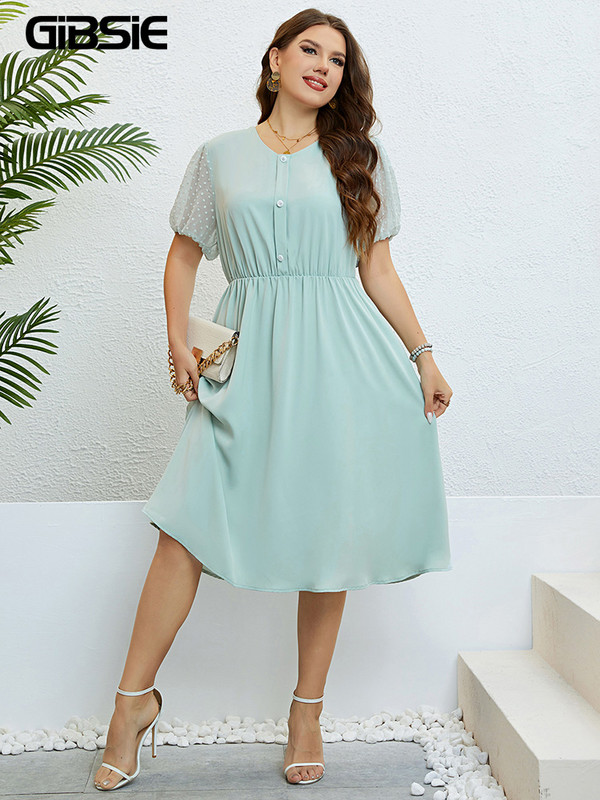 GIBSIE Nagy méretű svájci ponthálós, felfújt ujjú, A-vonalú női ruha nyári magas derekú, édes női gombos Midi ruhák 2023 Új