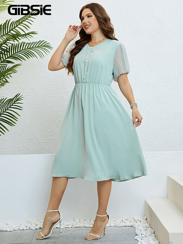 GIBSIE Nagy méretű svájci ponthálós, felfújt ujjú, A-vonalú női ruha nyári magas derekú, édes női gombos Midi ruhák 2023 Új