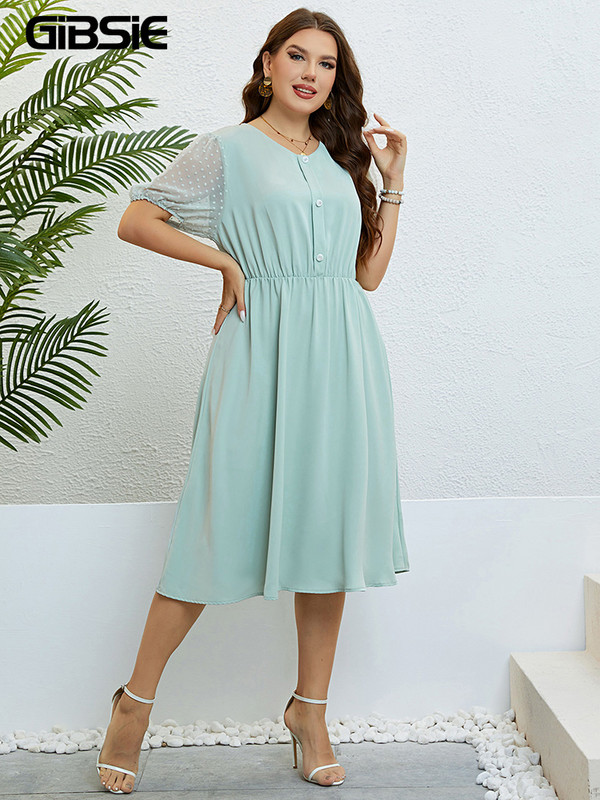 GIBSIE Nagy méretű svájci ponthálós, felfújt ujjú, A-vonalú női ruha nyári magas derekú, édes női gombos Midi ruhák 2023 Új