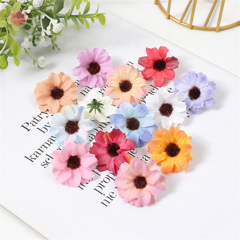 Zīda margrietiņa mākslīgie ziedi, galviņa 3,5 cm viltus zieds mājas dekorēšanai. Dārza kāzu kāzu rotājums līgavas vainaga aksesuāri