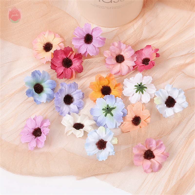 Zīda margrietiņa mākslīgie ziedi, galviņa 3,5 cm viltus zieds mājas dekorēšanai. Dārza kāzu kāzu rotājums līgavas vainaga aksesuāri