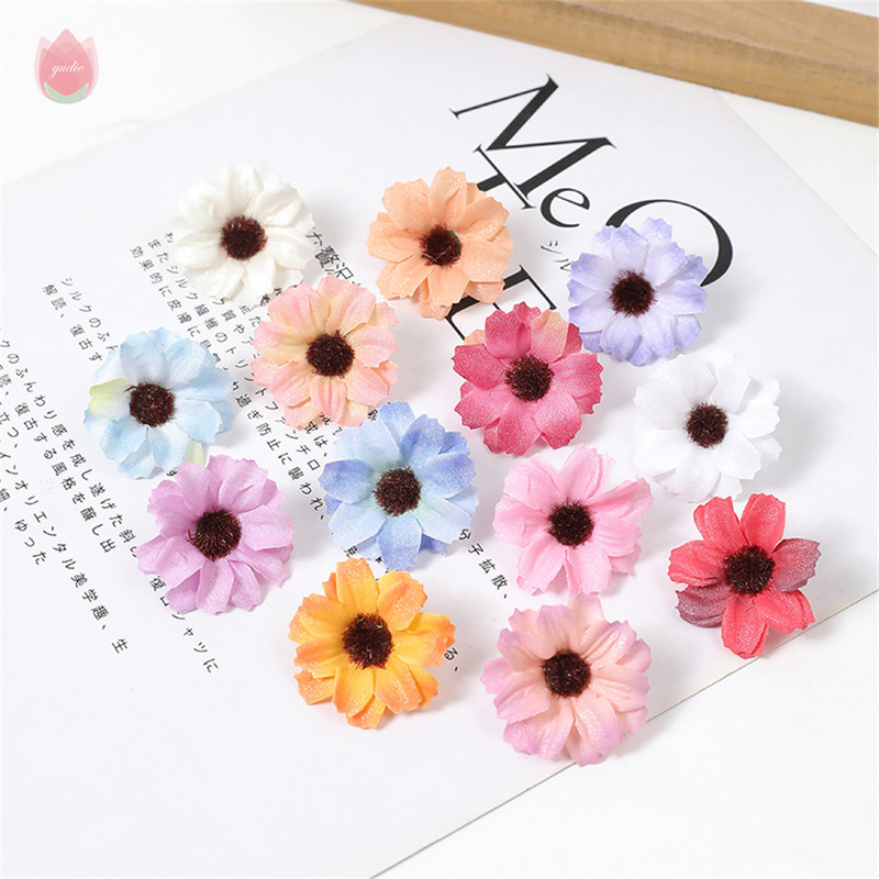 Zīda margrietiņa mākslīgie ziedi, galviņa 3,5 cm viltus zieds mājas dekorēšanai. Dārza kāzu kāzu rotājums līgavas vainaga aksesuāri