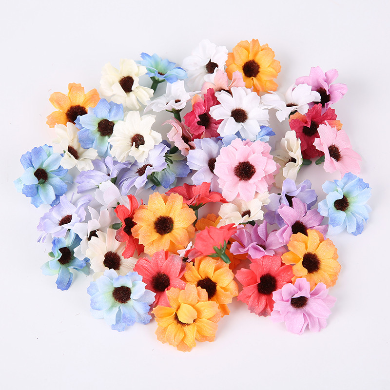 Zīda margrietiņa mākslīgie ziedi, galviņa 3,5 cm viltus zieds mājas dekorēšanai. Dārza kāzu kāzu rotājums līgavas vainaga aksesuāri
