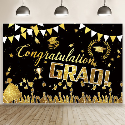 Συγχαρητήρια Grad Graduation Party Decoration Αφίσα Bachelor Cap Gold Balloon πουά μαύρο φόντο φωτογραφίας