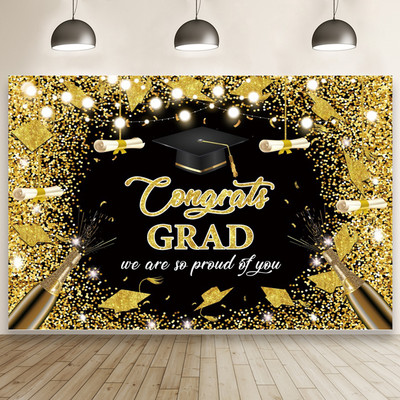 Apsveikums Izlaiduma ballītes noformējums Plakāts Bakalaura cepure Zelta balons Polka Punkta melna fotogrāfija Fons