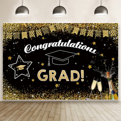 Apsveikums Izlaiduma ballītes noformējums Plakāts Bakalaura cepure Zelta balons Polka Punkta melna fotogrāfija Fons