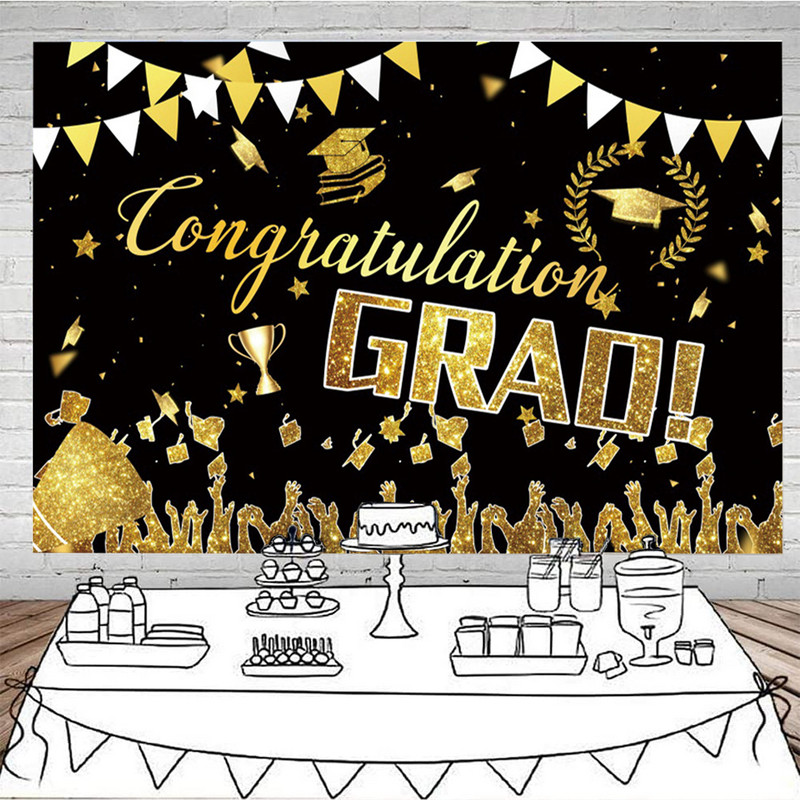 Apsveikums Izlaiduma ballītes noformējums Plakāts Bakalaura cepure Zelta balons Polka Punkta melna fotogrāfija Fons