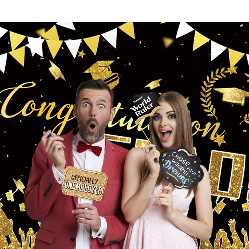 Apsveikums Izlaiduma ballītes noformējums Plakāts Bakalaura cepure Zelta balons Polka Punkta melna fotogrāfija Fons