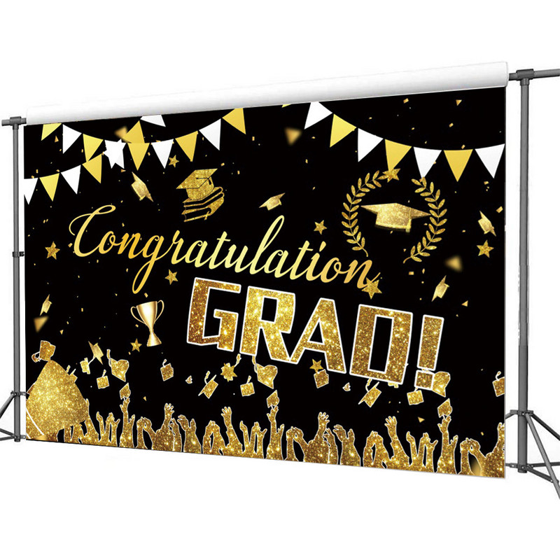 Apsveikums Izlaiduma ballītes noformējums Plakāts Bakalaura cepure Zelta balons Polka Punkta melna fotogrāfija Fons