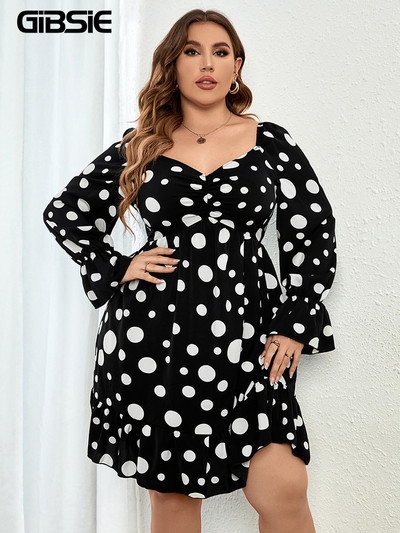 GIBSIE lielizmēra Sweetheart kakla punktveida minikleitas sievietēm pavasara rudens salda ikdienas kleita ar garām piedurknēm, volāniem, 2022. gada