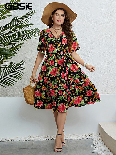 GIBSIE Plus Size Floral print με λαιμόκοψη V-λαιμόκοψη μανίκι πεταλούδα ζωσμένο Γυναικείο φόρεμα καλοκαιρινών διακοπών Boho Beach Midi φορέματα σε γραμμή Α 2023