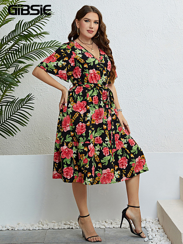 GIBSIE Nagy méretű virágmintás V-nyakú pillangós ujjú öves ruha Női nyári vakáció Boho Beach A-vonalú Midi ruhák 2023