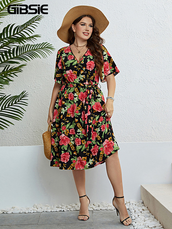 GIBSIE Nagy méretű virágmintás V-nyakú pillangós ujjú öves ruha Női nyári vakáció Boho Beach A-vonalú Midi ruhák 2023