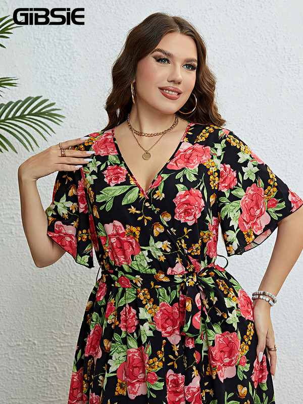 GIBSIE Nagy méretű virágmintás V-nyakú pillangós ujjú öves ruha Női nyári vakáció Boho Beach A-vonalú Midi ruhák 2023