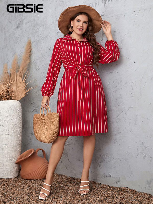 GIBSIE lielizmēra svītraina puspogas kreklkleita sievietēm pavasara rudens korejiešu ikdienišķas garās piedurknes A līnijas sieviešu kleitas