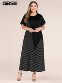 GIBSIE liela izmēra melna svītraina krāsaina kleita sievietēm ikdienišķa vasaras kleita ar īsu piedurkņu kakla izgriezumu Modes dāmu gara kleita ar A līniju