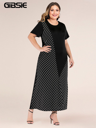 GIBSIE liela izmēra melna svītraina krāsaina kleita sievietēm ikdienišķa vasaras kleita ar īsu piedurkņu kakla izgriezumu Modes dāmu gara kleita ar A līniju
