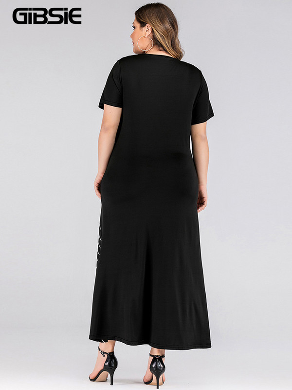 GIBSIE liela izmēra melna svītraina krāsaina kleita sievietēm ikdienišķa vasaras kleita ar īsu piedurkņu kakla izgriezumu Modes dāmu gara kleita ar A līniju