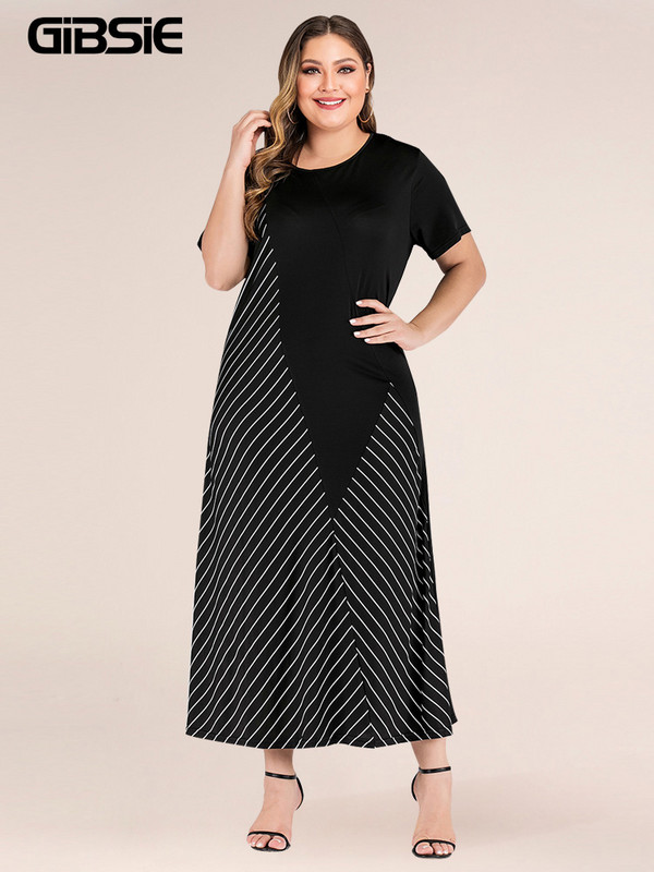 GIBSIE liela izmēra melna svītraina krāsaina kleita sievietēm ikdienišķa vasaras kleita ar īsu piedurkņu kakla izgriezumu Modes dāmu gara kleita ar A līniju