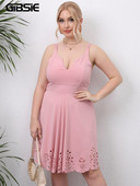 GIBSIE Plus Size Deep V λαιμόκοψη Γυναικείο φόρεμα Cami Καλοκαιρινό ψηλόμεσο Casual Σέξι Hollow Out A-Line Γυναικεία μίντι φορέματα 2022