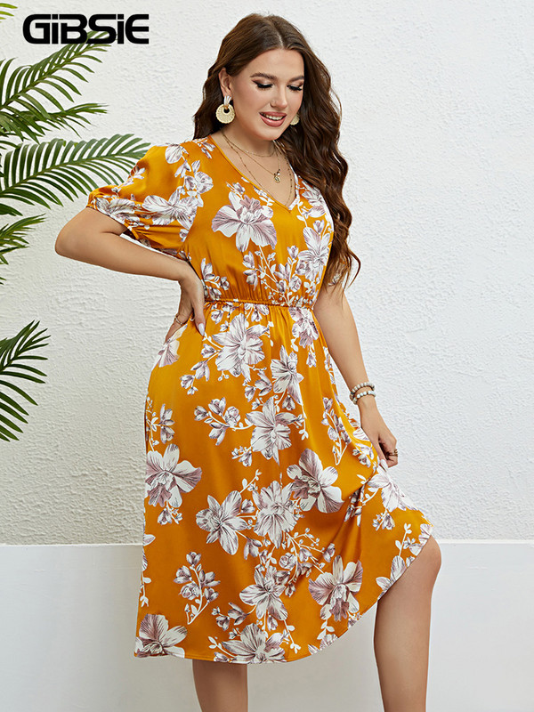 GIBSIE lielizmēra ziedu apdrukas kleita ar V veida kakla izgriezumu piedurknēm sievietēm, 2023. gada jauna vasaras brīvdienu pludmales elastīgās Boho Midi A līnijas kleitas