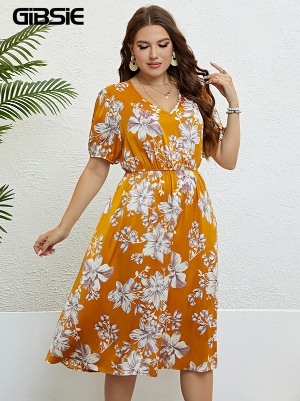 GIBSIE lielizmēra ziedu apdrukas kleita ar V veida kakla izgriezumu piedurknēm sievietēm, 2023. gada jauna vasaras brīvdienu pludmales elastīgās Boho Midi A līnijas kleitas