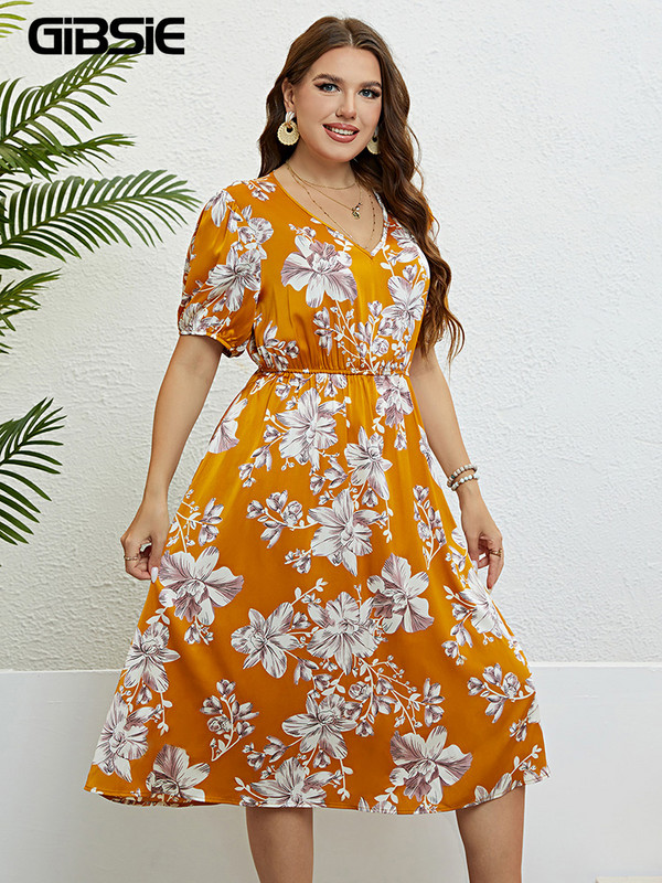GIBSIE lielizmēra ziedu apdrukas kleita ar V veida kakla izgriezumu piedurknēm sievietēm, 2023. gada jauna vasaras brīvdienu pludmales elastīgās Boho Midi A līnijas kleitas