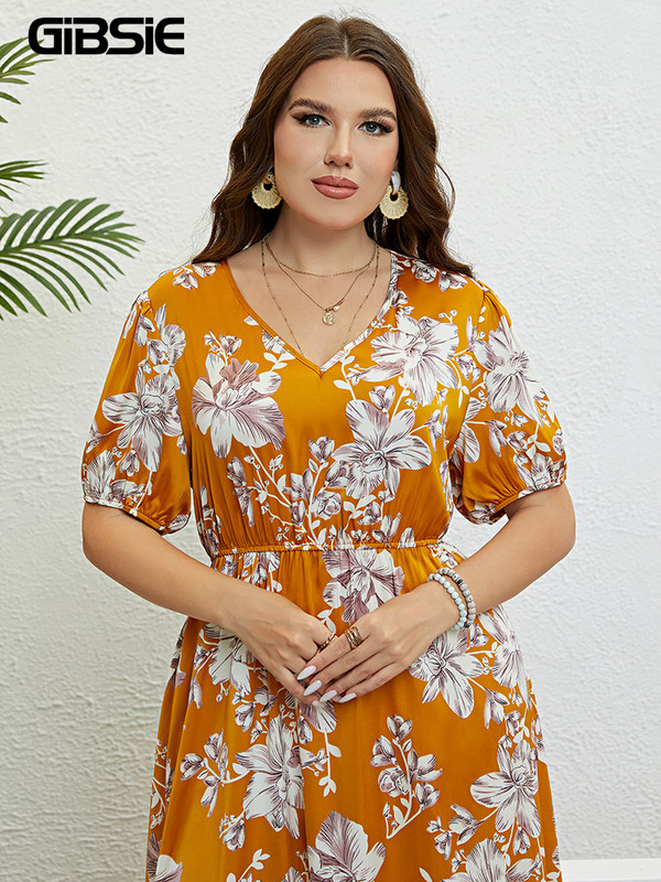 GIBSIE lielizmēra ziedu apdrukas kleita ar V veida kakla izgriezumu piedurknēm sievietēm, 2023. gada jauna vasaras brīvdienu pludmales elastīgās Boho Midi A līnijas kleitas